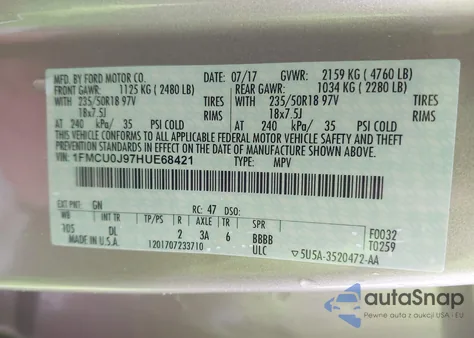 2017 Ford Escape Titanium из США, поврежденный, VIN 1FMCU0J97HUE68421